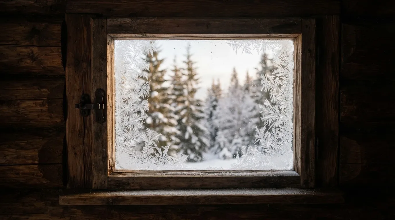 Ein vereistes Fenster einer Berghütte mit Blick auf verschneite Tannen im blassen Winterlicht.
